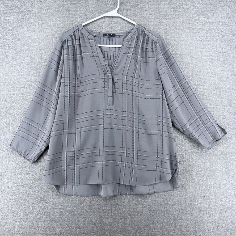 NYDJ Blouse Top Women Size Medium Gray Plaid Long Sleeve V Neck